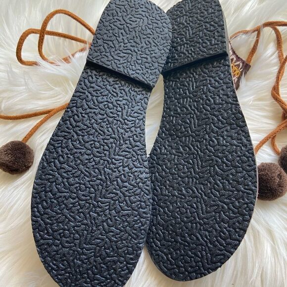 NIB POL Boho Embroidered Toe Loop Brown & Tan Lace-Up with Pom Poms Sandals - Picture 7 of 9